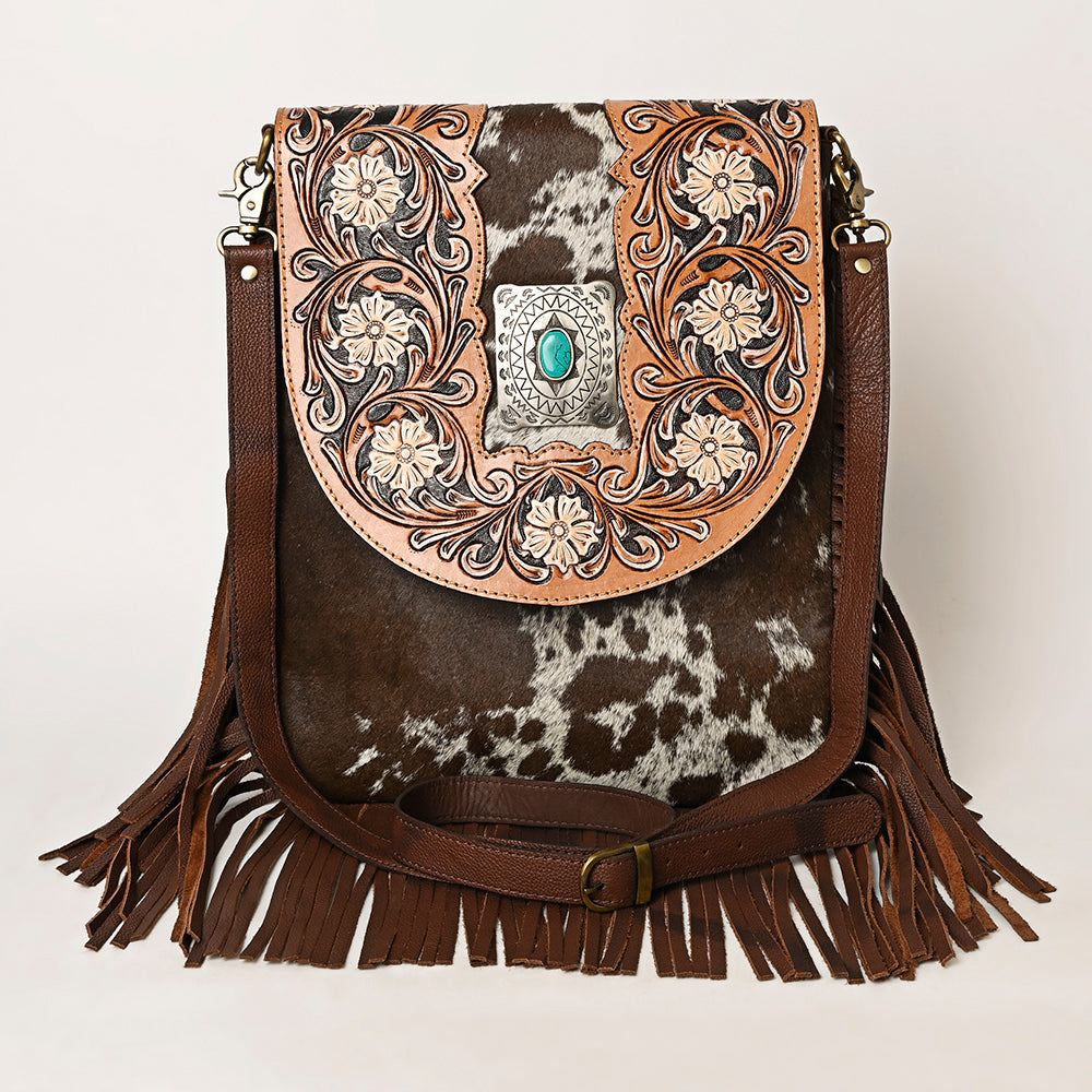 American Darling Hand Tooled Floral Carved Messenger Bag Hair-On Cowhide Leather Fringe Turquoise Concho YKK Zipper