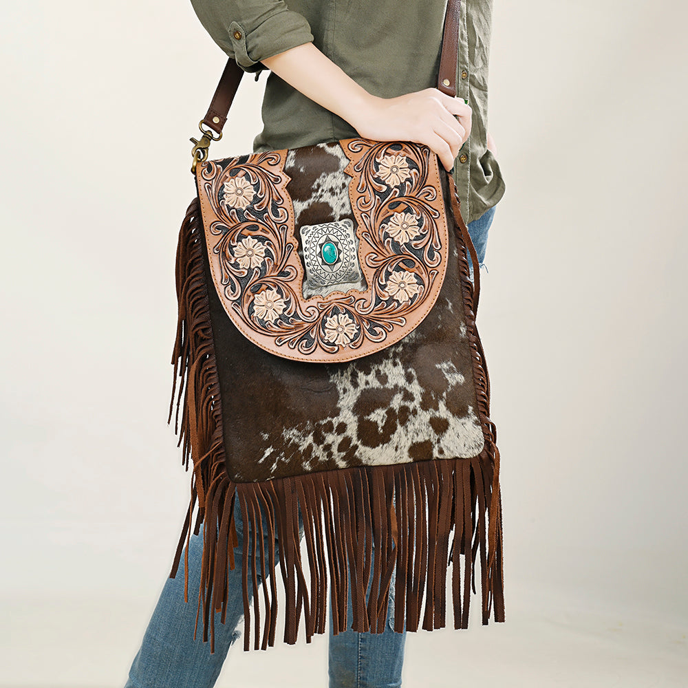 American Darling Hand-Tooled Hair-On Genuine Leather Bag