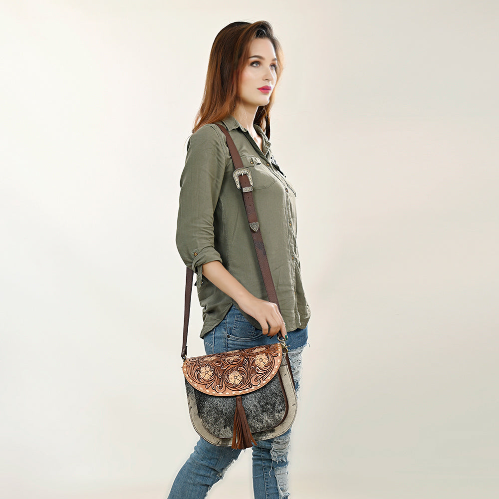 American Darling Hand-Tooled Hair-On Genuine Leather Bag