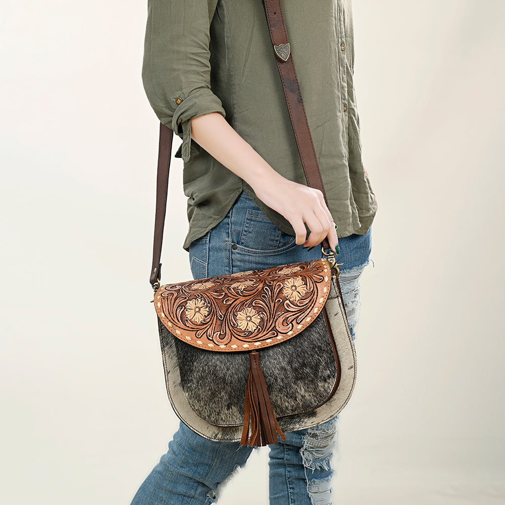 American Darling Hand-Tooled Hair-On Genuine Leather Bag