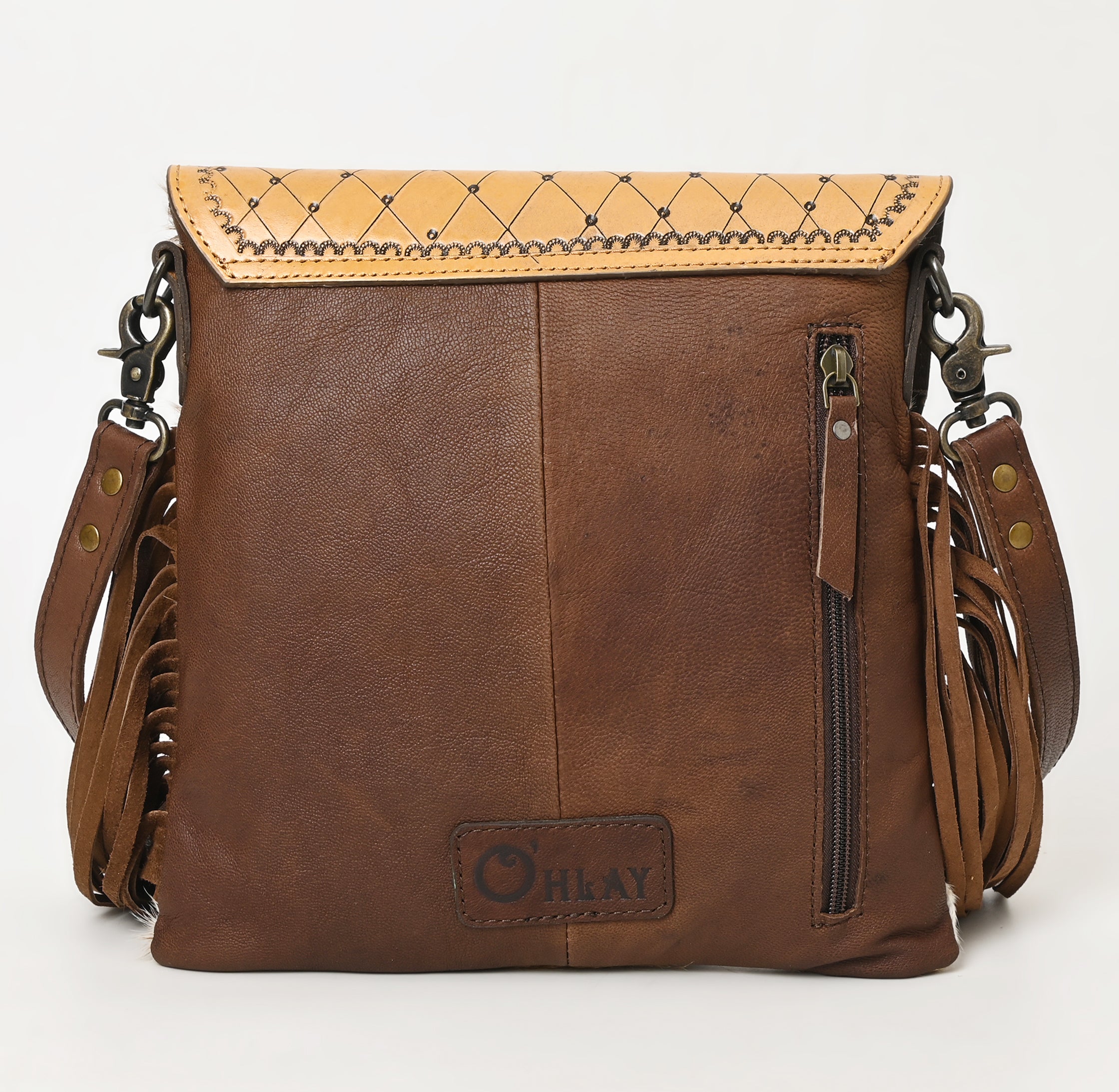 OHLAY Hand-Tooled Hair-On Genuine Leather Crossbody Bag