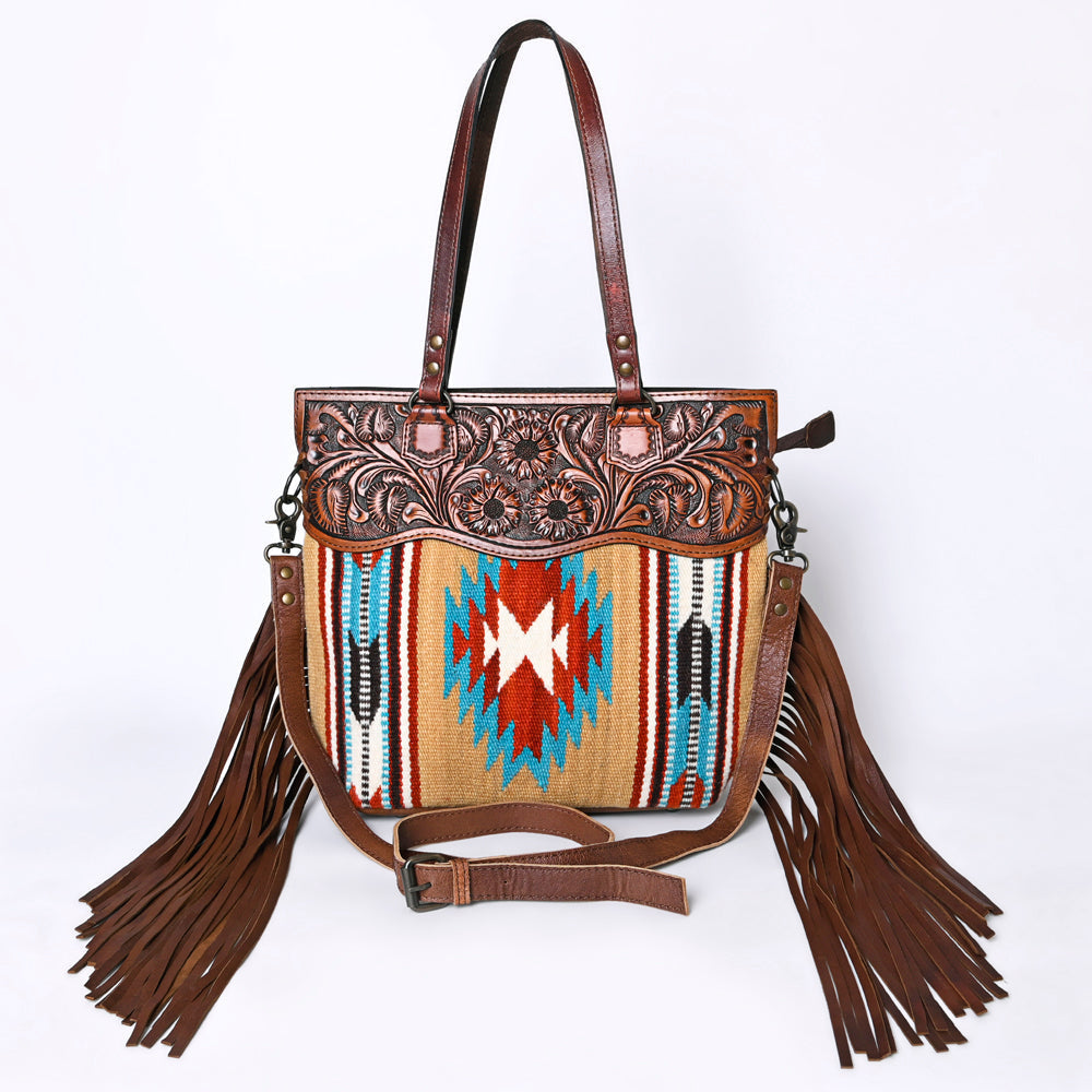 Ohlay Tote Hand Tooled Upcycled Wool Genuine Leather
