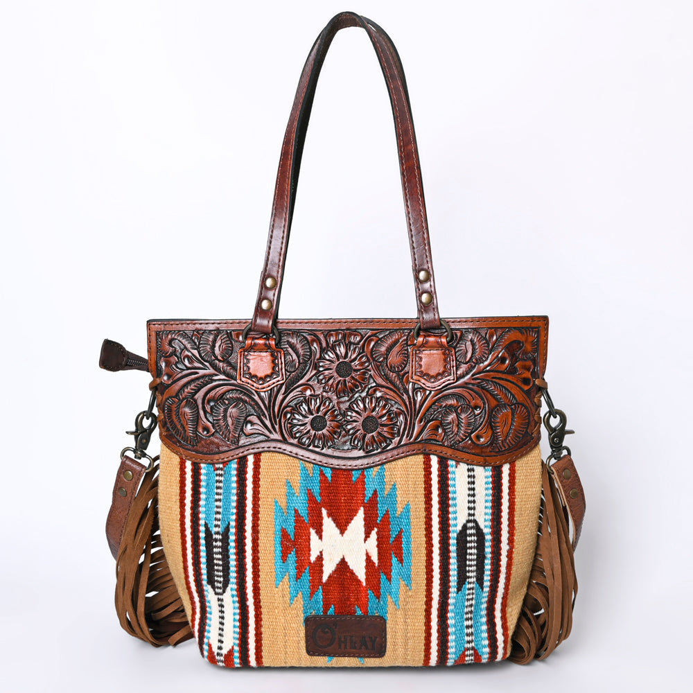 Ohlay Tote Hand Tooled Upcycled Wool Genuine Leather