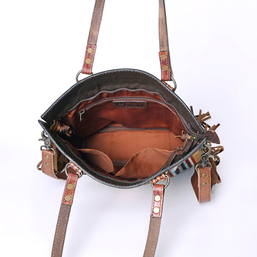 Ohlay Tote Hand Tooled Upcycled Wool Genuine Leather