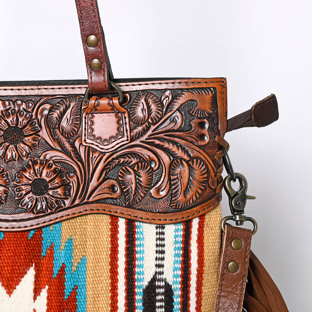 Ohlay Tote Hand Tooled Upcycled Wool Genuine Leather