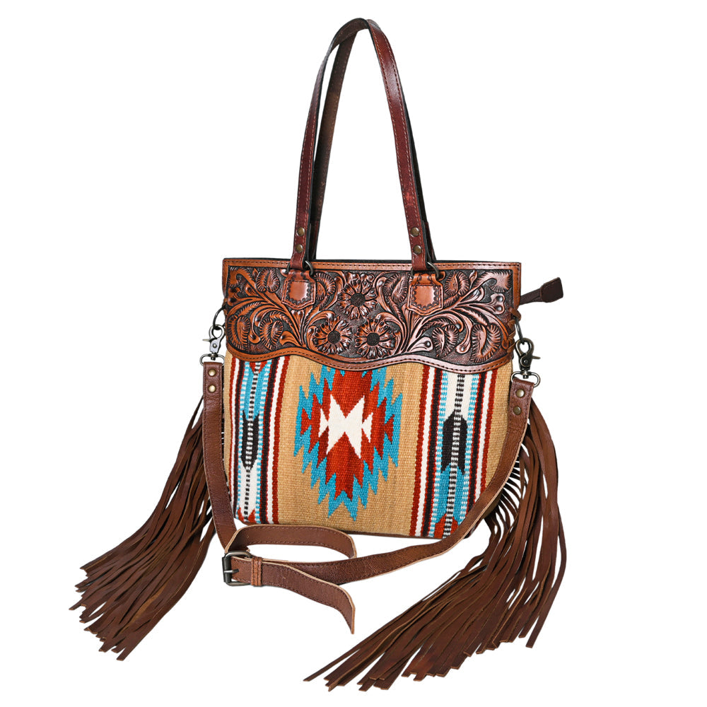 Ohlay Tote Hand Tooled Upcycled Wool Genuine Leather