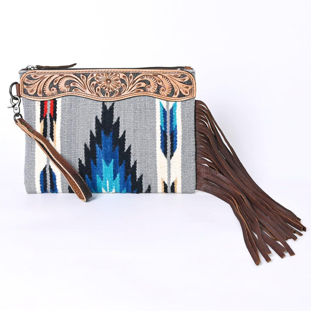 OHLAY Hand-Tooled Upcycled Wool Genuine Leather Wristlet