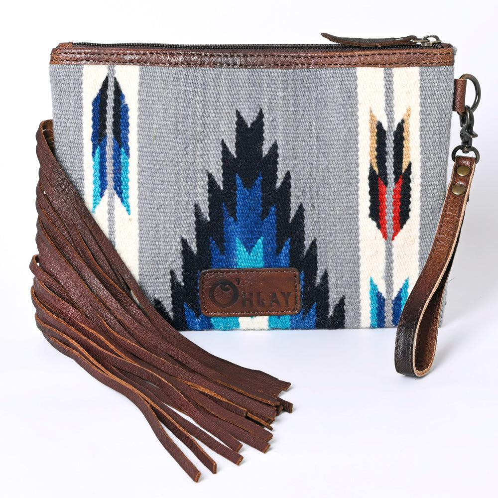OHLAY Hand-Tooled Upcycled Wool Genuine Leather Wristlet