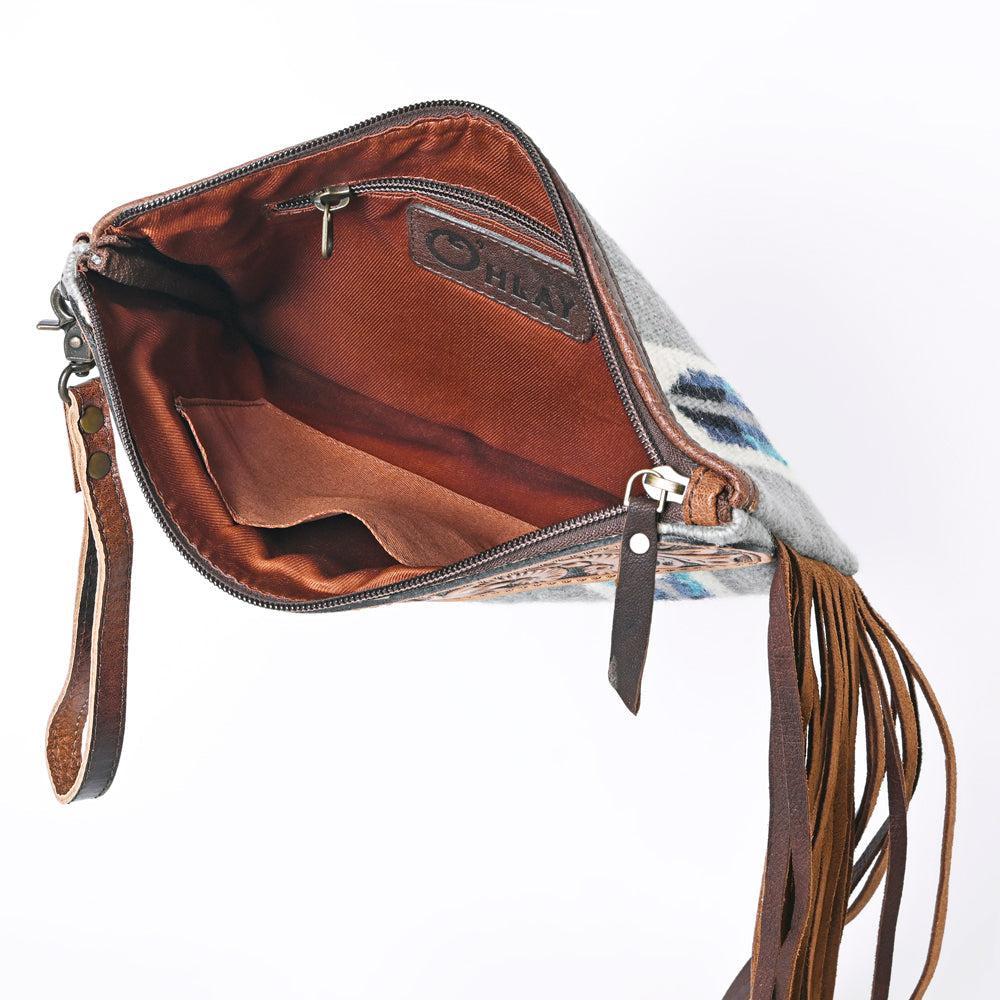 OHLAY Hand-Tooled Upcycled Wool Genuine Leather Wristlet