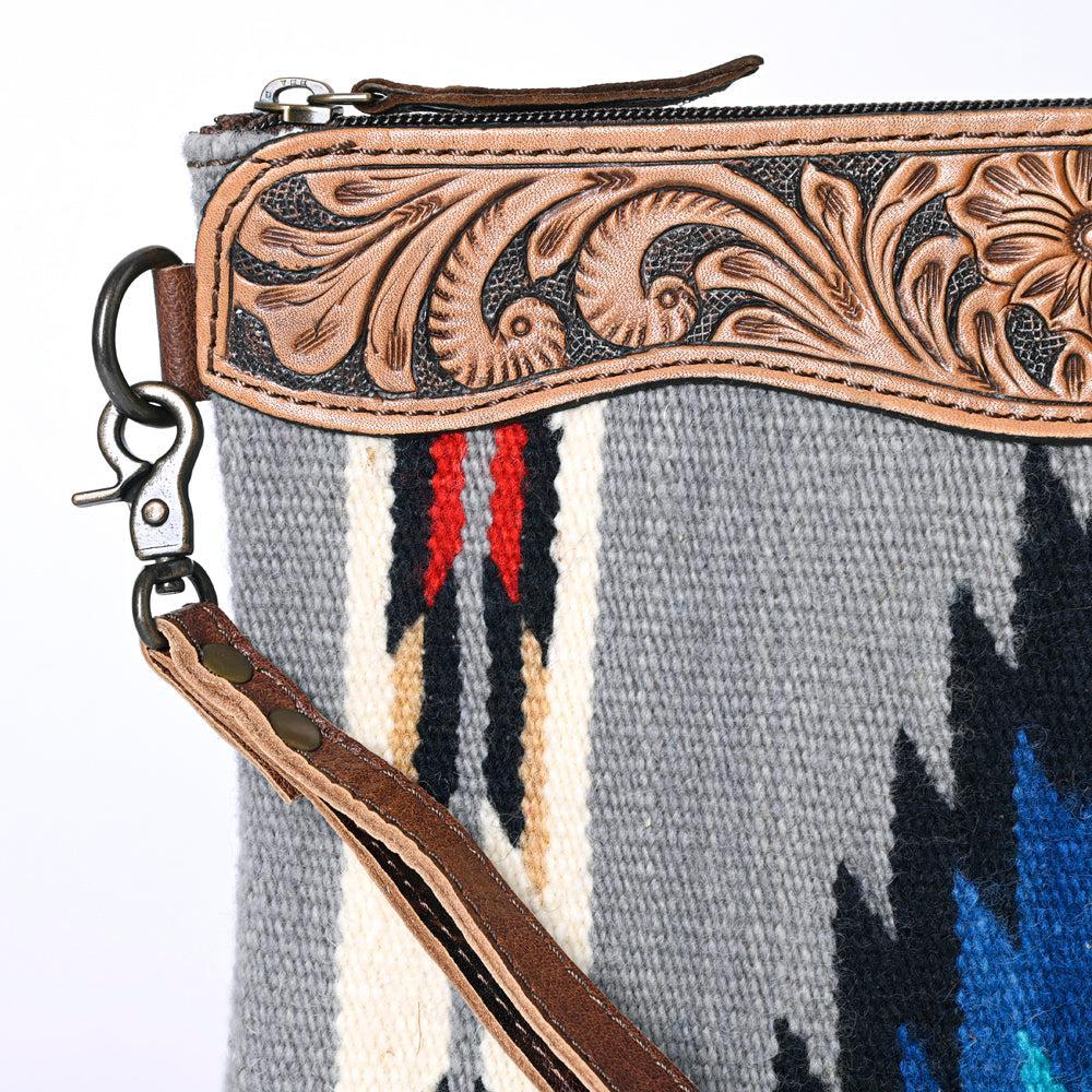 OHLAY Hand-Tooled Upcycled Wool Genuine Leather Wristlet