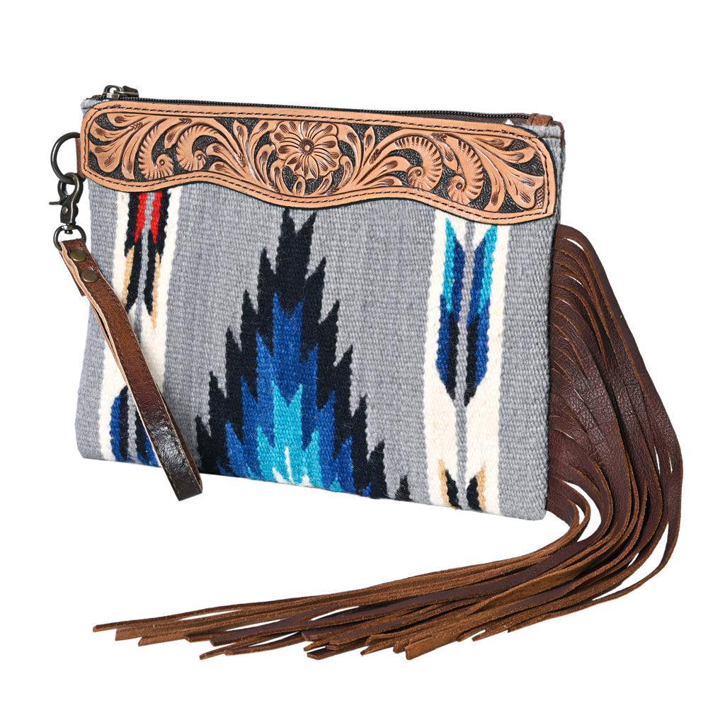 OHLAY Hand-Tooled Upcycled Wool Genuine Leather Wristlet
