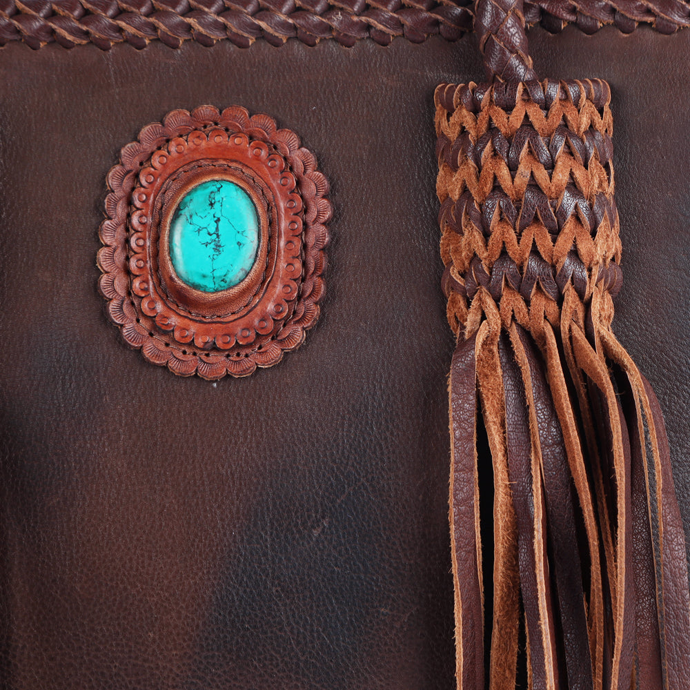 American Darling Tote Bag Western Genuine Leather Handcrafted Bag with Turquoise Stone, Fringes and Braided Edges
