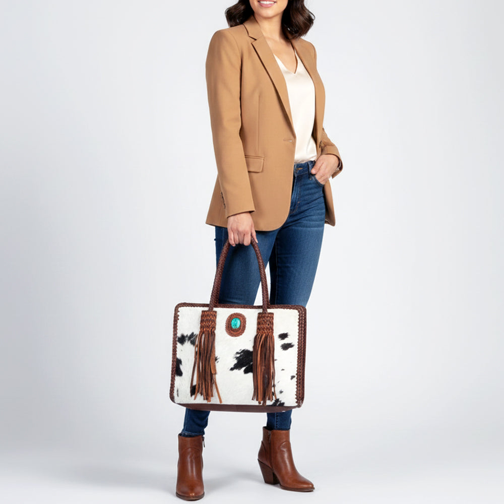 American Darling Tote Bag Western Genuine Leather Handcrafted Bag with Turquoise Stone, Fringes and Braided Edges
