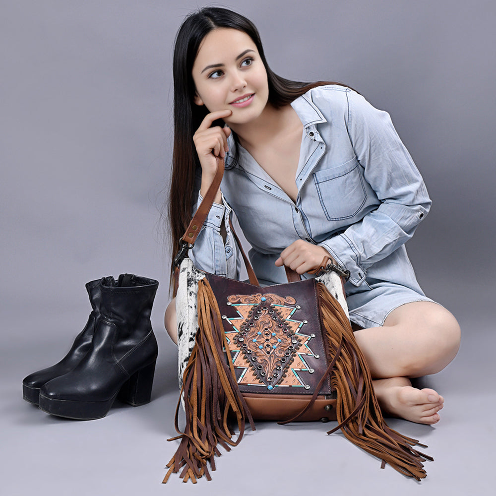 American Darling Hand-Tooled Hair-On Leather Hobo Bag