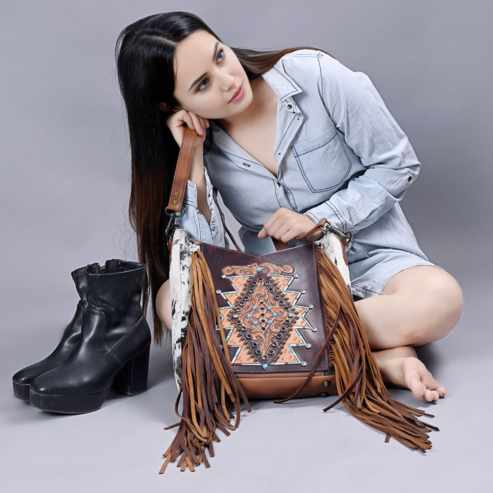 American Darling Hand-Tooled Hair-On Leather Hobo Bag
