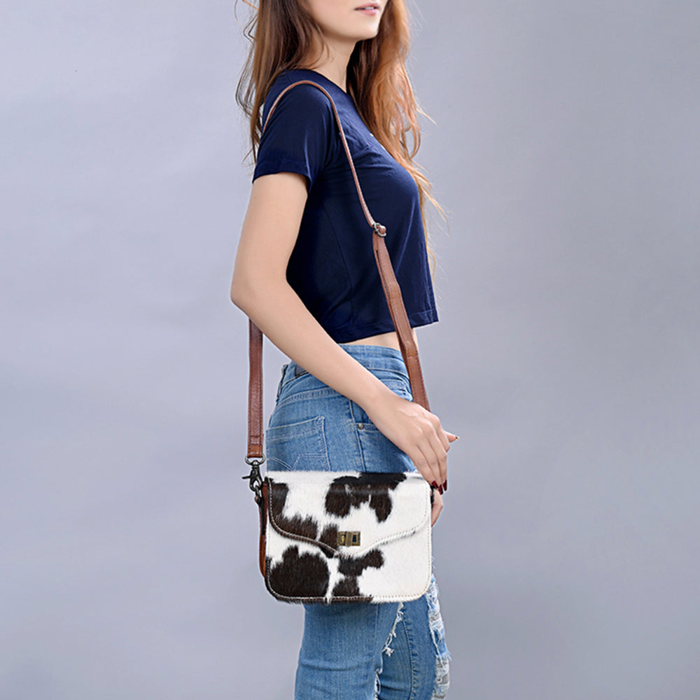 American Darling Hair-On Cowhide Genuine Leather Western Crossbody Bag with Interior Pockets 6in (H) X 9in (W) X 2.5in (D)