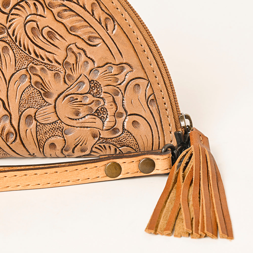 American Darling Western Hand-Tooled Leather Taco Bag for Women – Genuine Floral Carved Wristlet with Fringe Details