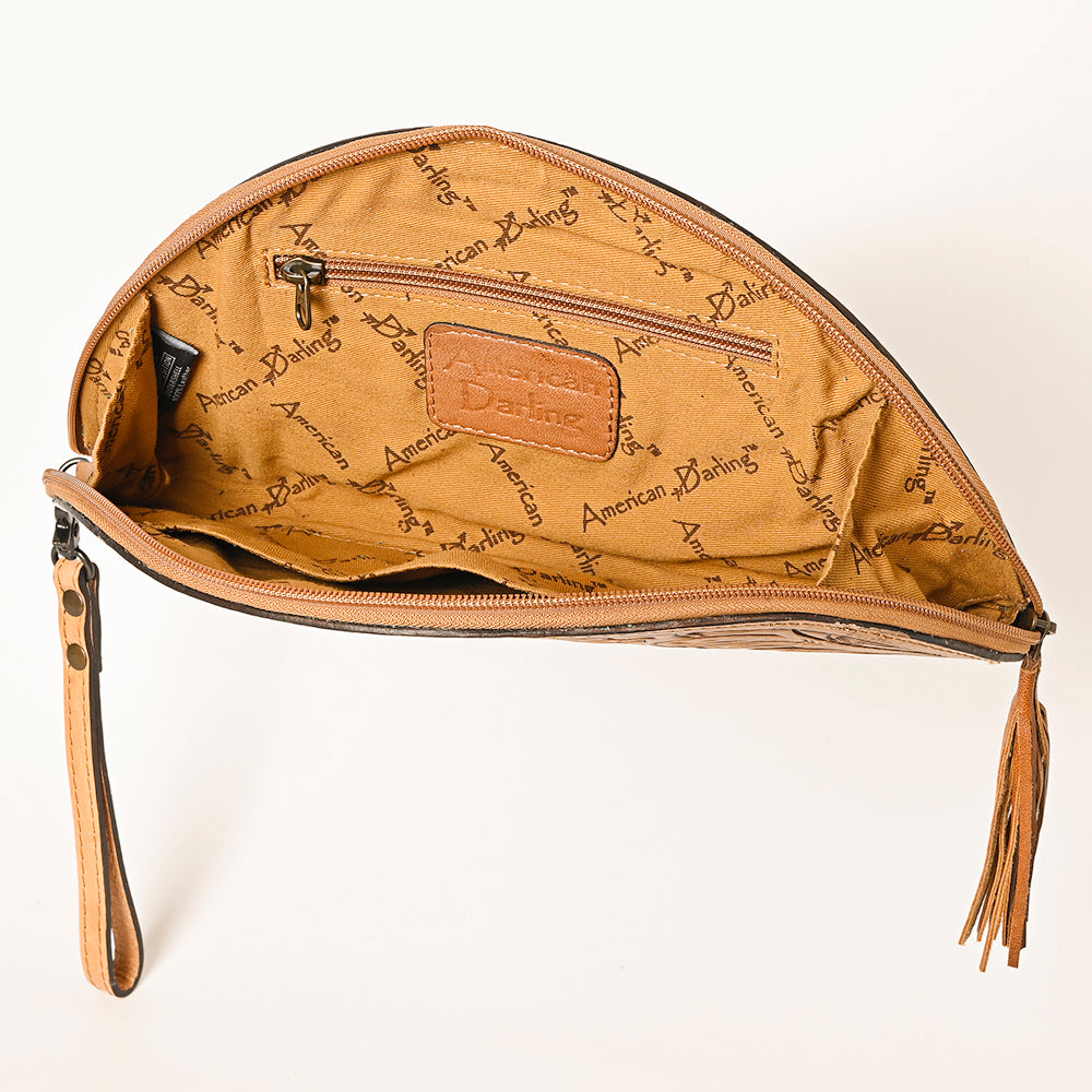 American Darling Western Hand-Tooled Leather Taco Bag for Women – Genuine Floral Carved Wristlet with Fringe Details