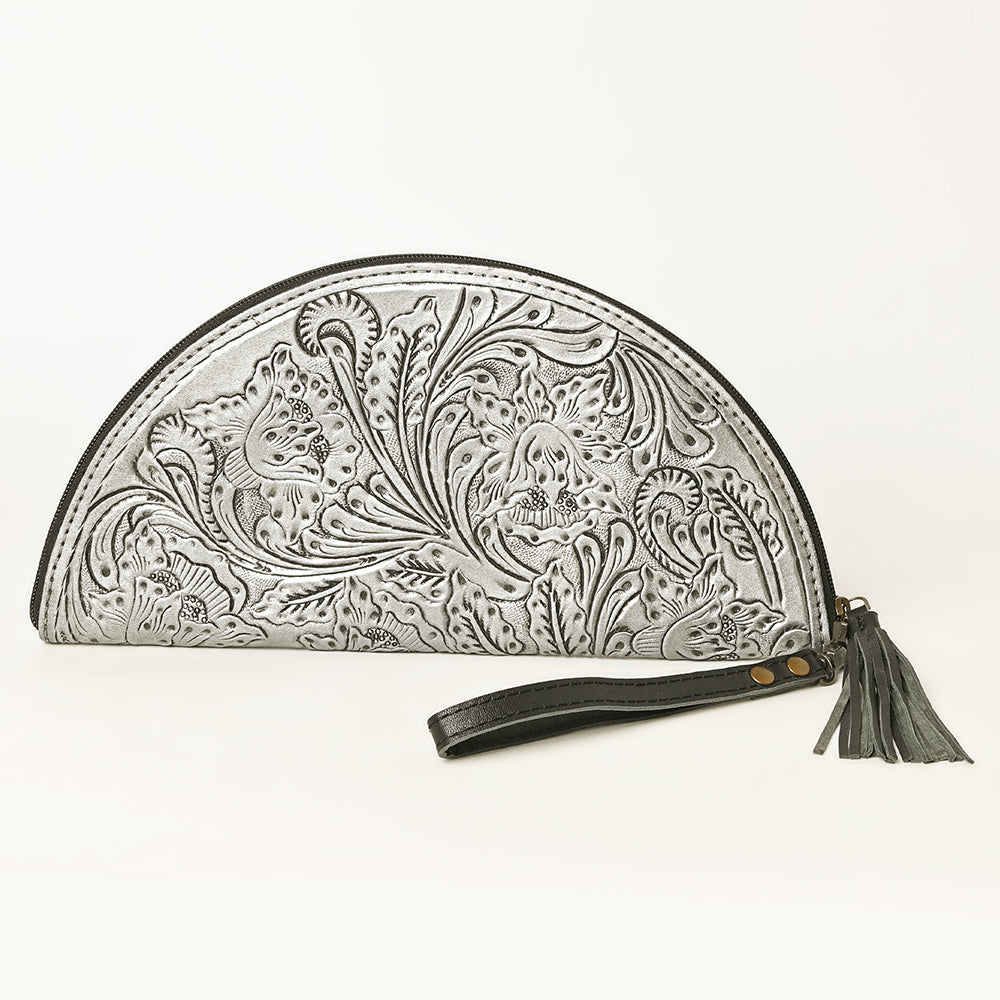 American Darling Western Hand-Tooled Leather Taco Bag for Women – Genuine Floral Carved Wristlet with Fringe Details