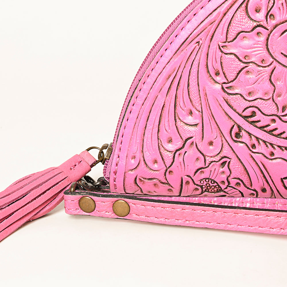 American Darling Western Hand-Tooled Leather Taco Bag for Women – Genuine Floral Carved Wristlet with Fringe Details