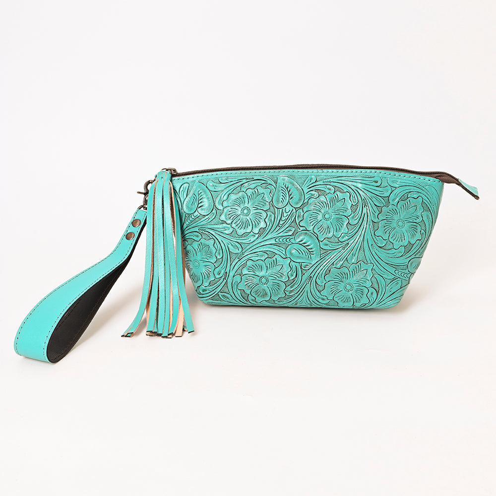 American Darling Western Hand-Tooled Leather Wristlet Bag – Genuine Floral Carved Women’s Clutch with Fringe Strap