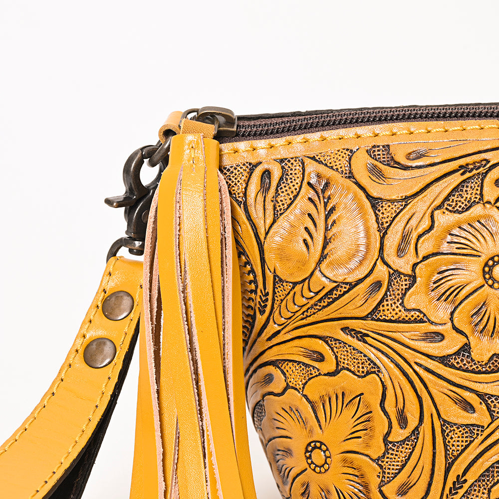 American Darling Western Hand-Tooled Leather Wristlet Bag – Genuine Floral Carved Women’s Clutch with Fringe Strap