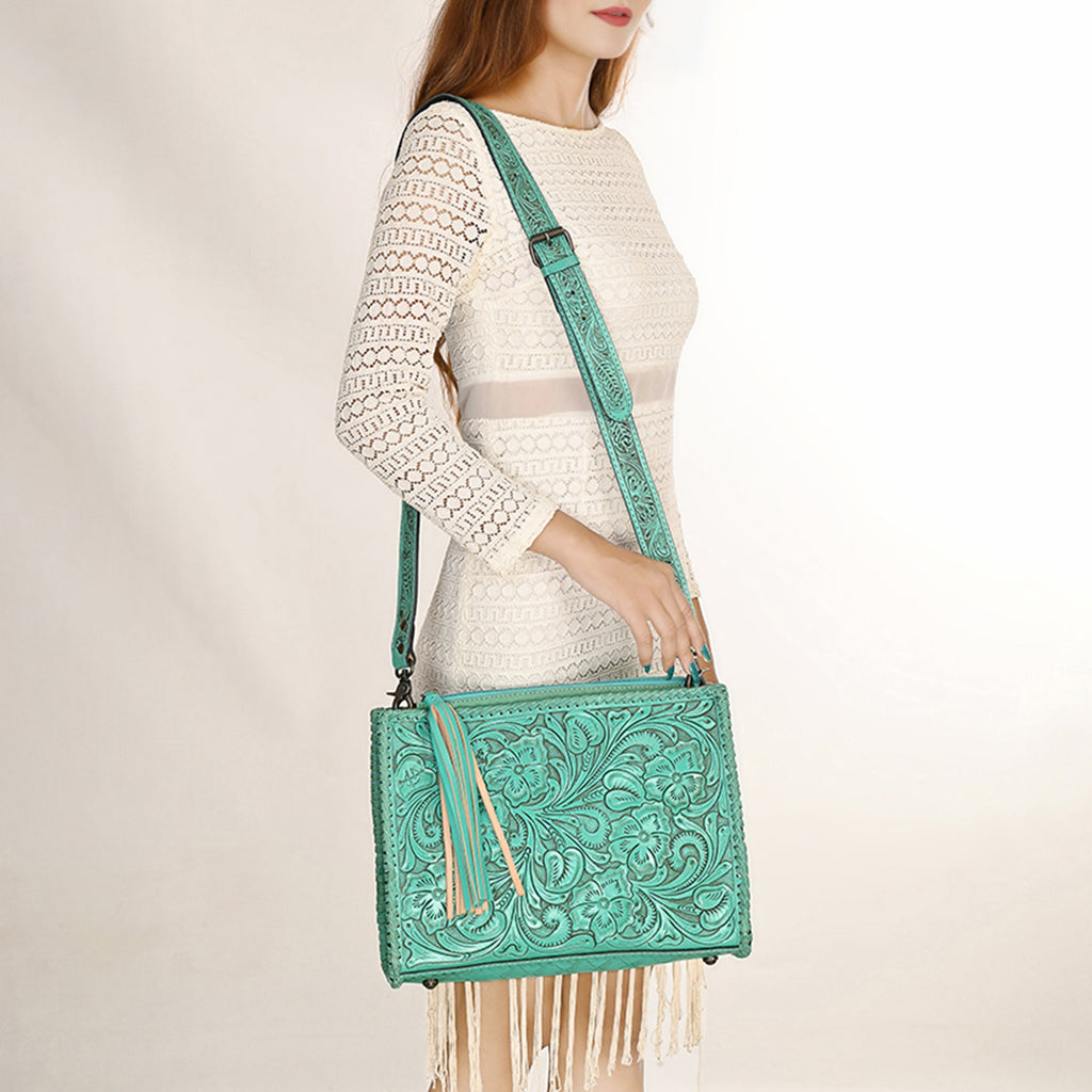 American Darling Western Hand-Tooled Leather Crossbody Bag – Genuine Floral Carved Women’s Purse with Strap and Fringe Detail