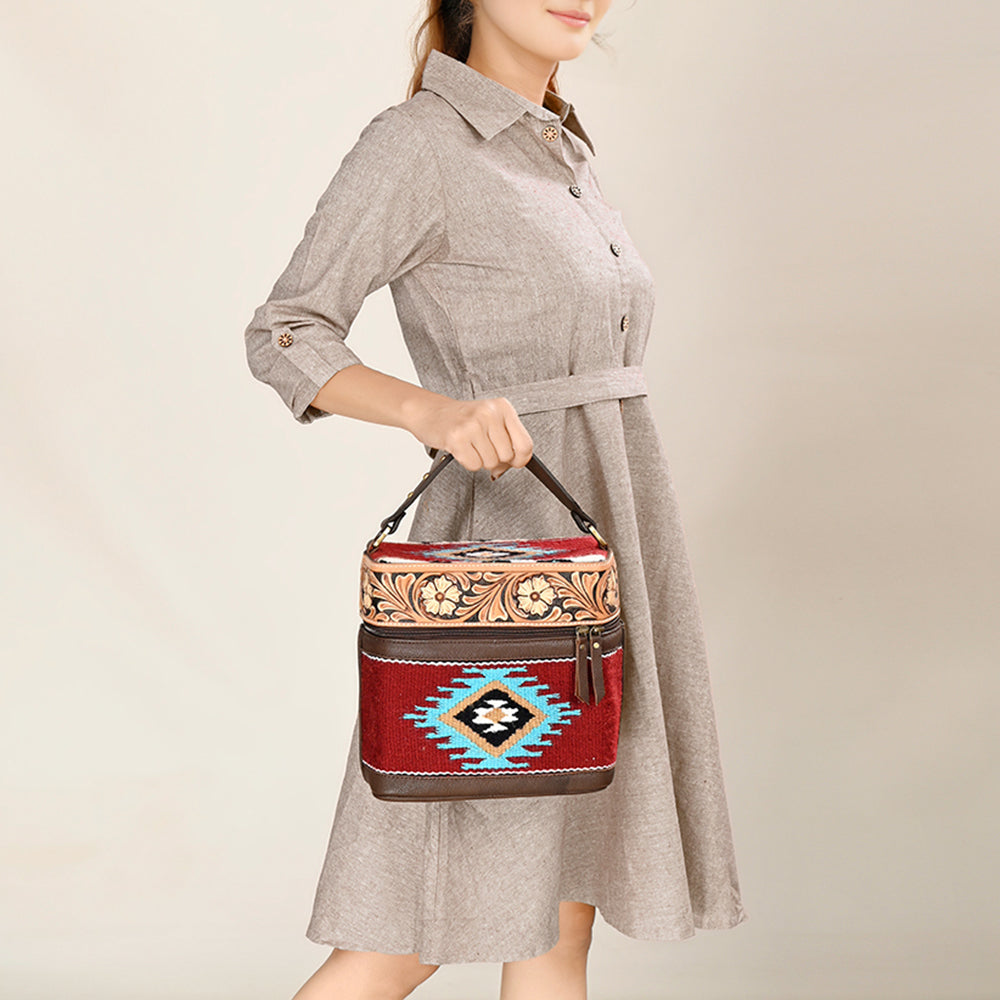 American Darling Hand Tooled Floral Carved Leather & Hand-Woven Saddle Blanket Jewelry Case Western Genuine Leather YKK Zipper