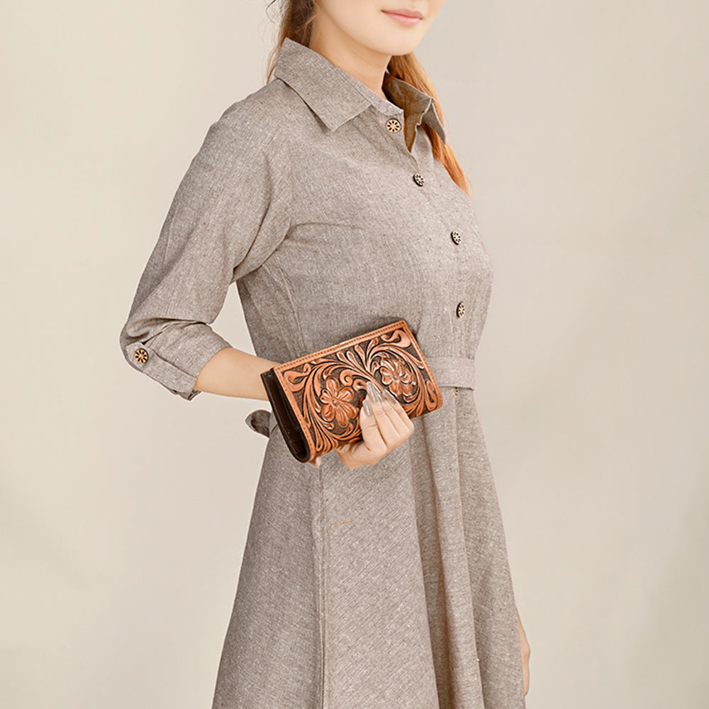 American Darling Hand Tooled Floral Carved Leather Clutch Bag Eco-Friendly Vegetable-Tanned Genuine Leather Western Wallet