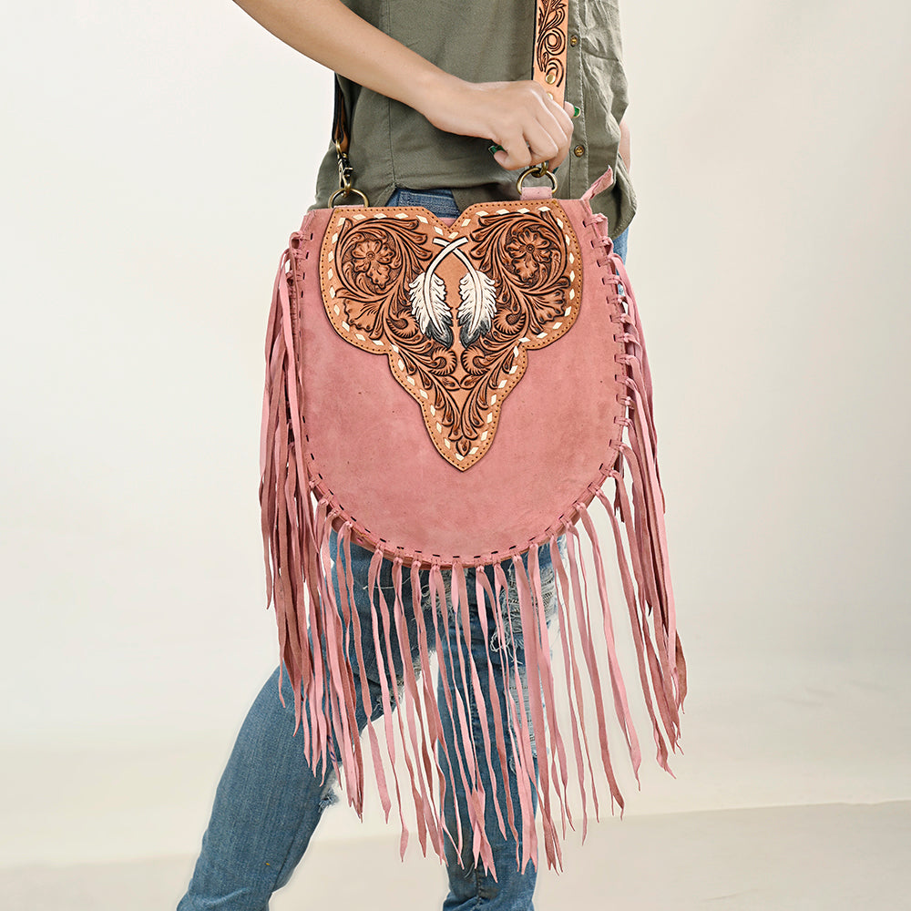 American Darling Suede Leather Fringe Hand Tooled Floral Carved Large Cross body Bag Genuine Western Leather YKK Zipper
