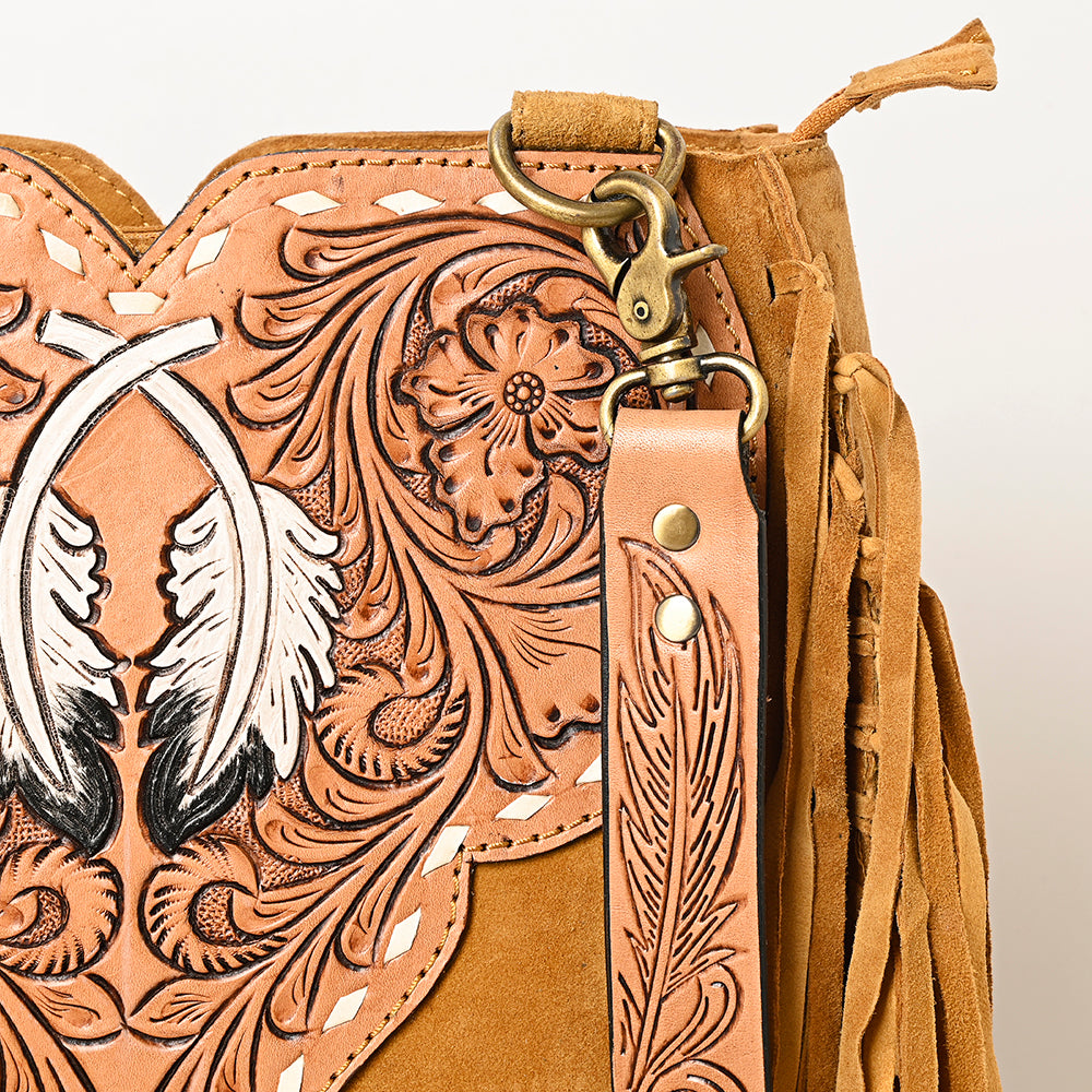 American Darling Suede Leather Fringe Hand Tooled Floral Carved Large Cross body Bag Genuine Western Leather YKK Zipper
