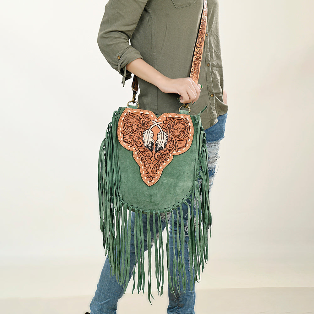 American Darling Suede Leather Fringe Hand Tooled Floral Carved Large Cross body Bag Genuine Western Leather YKK Zipper