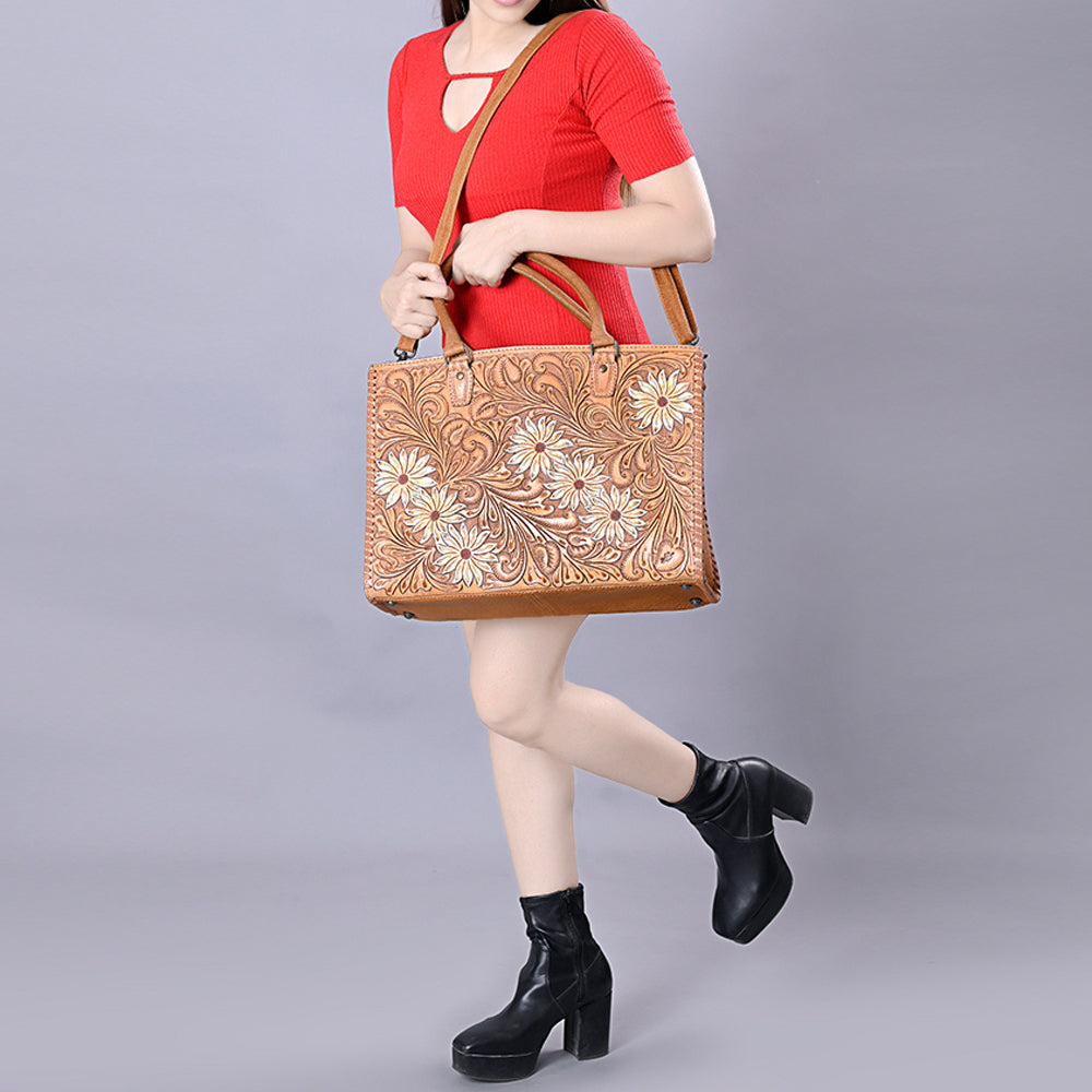 American Darling Tote Bag - Western Leather Hand Tooled Floral Carved Purse with Braided Detailing & Secure YKK Zipper