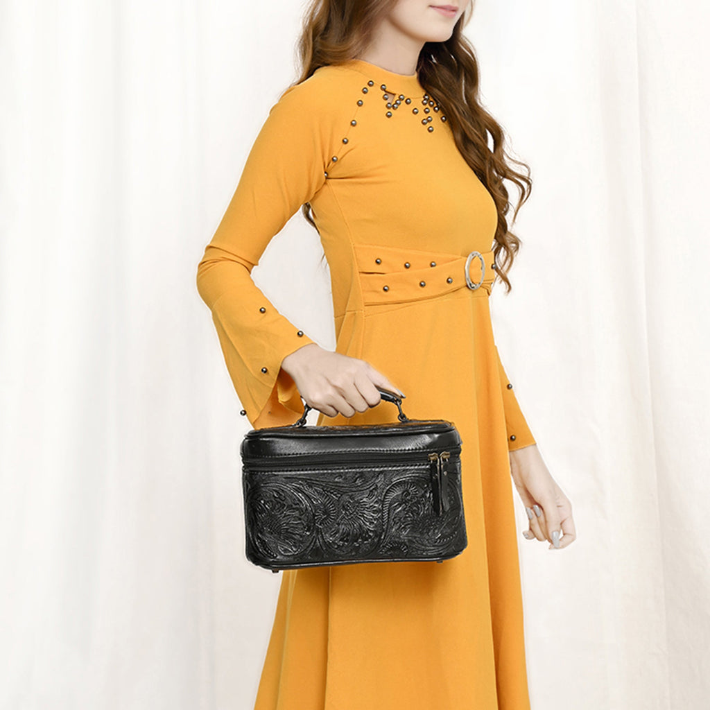 American Darling Western Hand Tooled Leather Jewelry Case | Handcrafted Travel Makeup Bag with Handle and Divided Interior