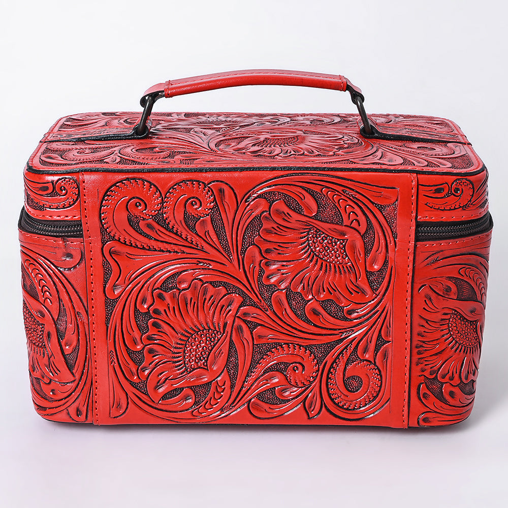 American Darling Western Hand Tooled Leather Jewelry Case | Handcrafted Travel Makeup Bag with Handle and Divided Interior