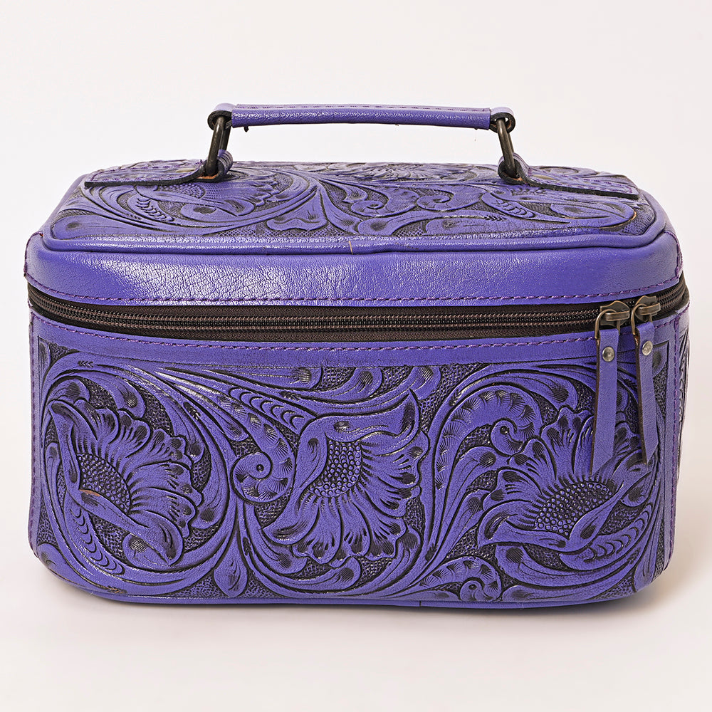 American Darling Western Hand Tooled Leather Jewelry Case | Handcrafted Travel Makeup Bag with Handle and Divided Interior