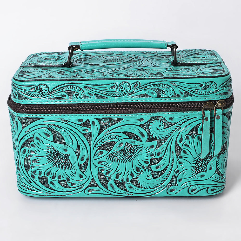 American Darling Western Hand Tooled Leather Jewelry Case | Handcrafted Travel Makeup Bag with Handle and Divided Interior