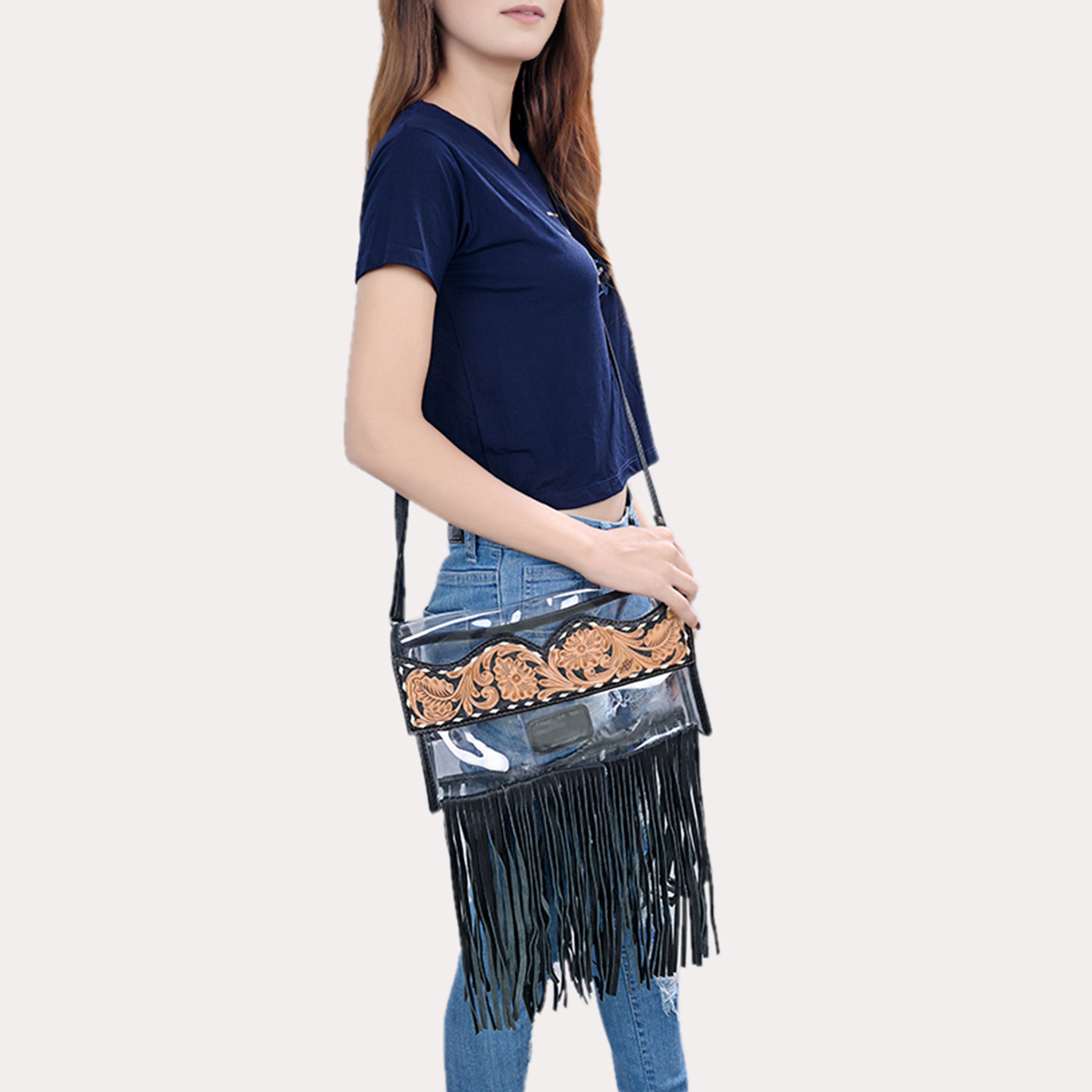 American Darling Clear Western Crossbody with Fringe – Hand-Tooled Genuine Leather Bag