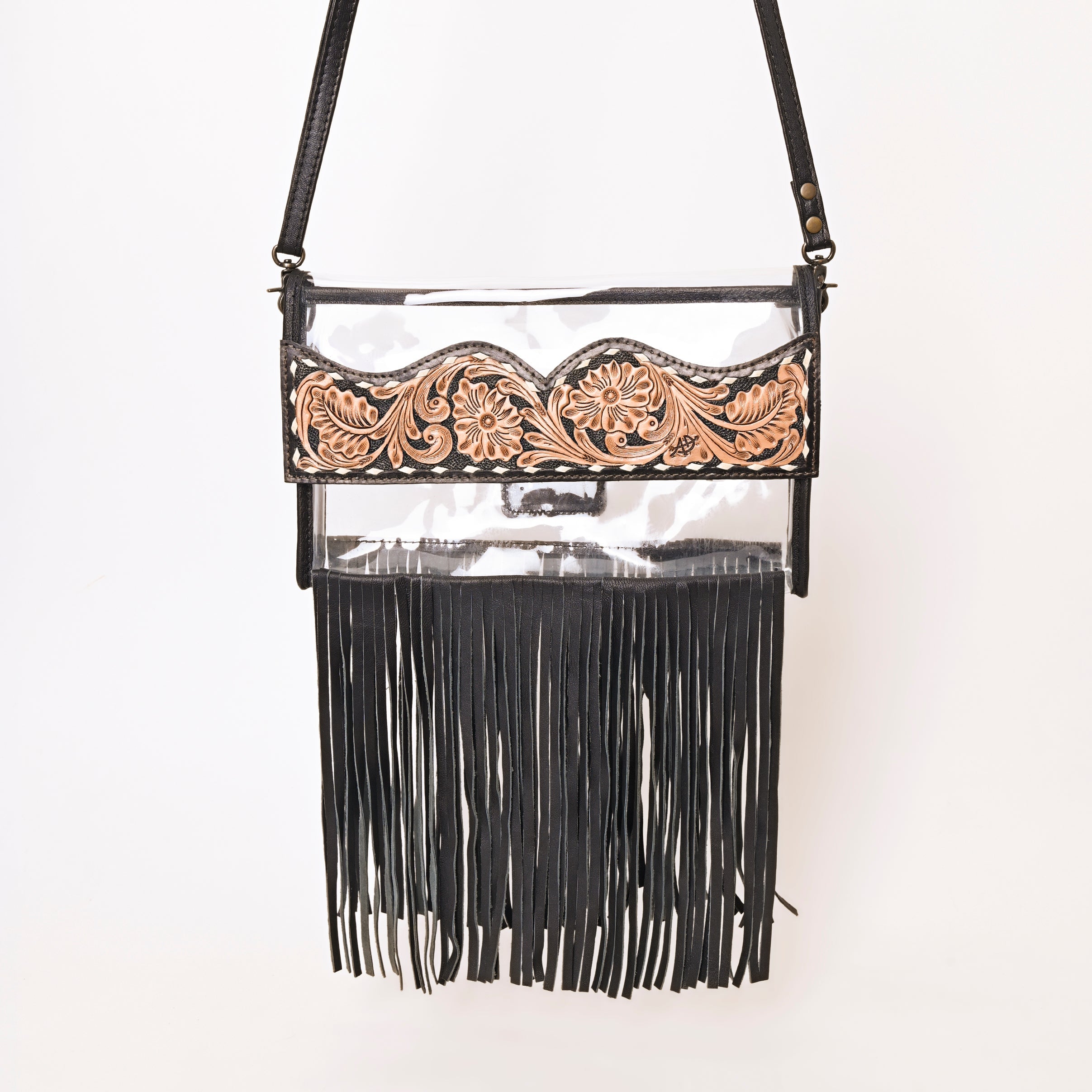 American Darling Clear Western Crossbody with Fringe – Hand-Tooled Genuine Leather Bag