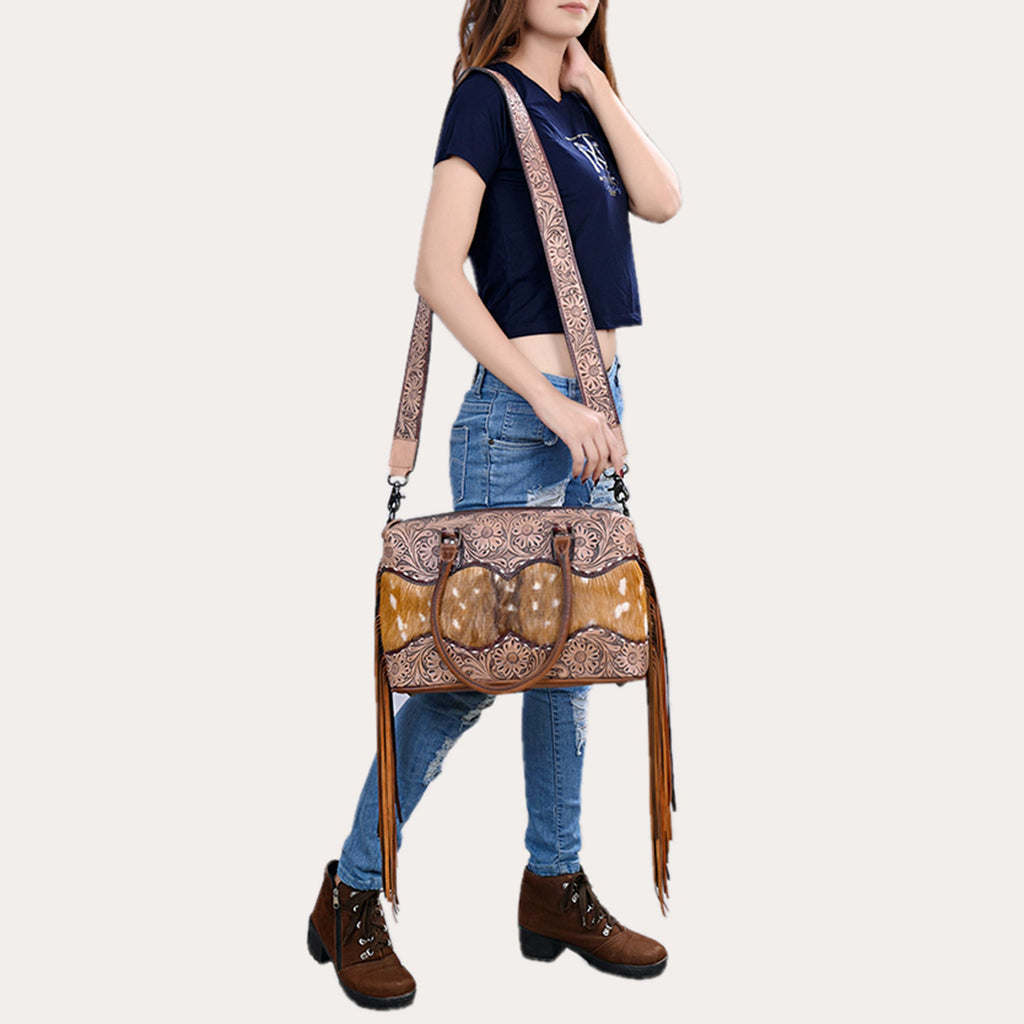 American Darling Hand-Tooled Leather & Hair-On Cowhide Tote Bag with Fringe – Genuine Leather Western Handbag for Everyday & Travel