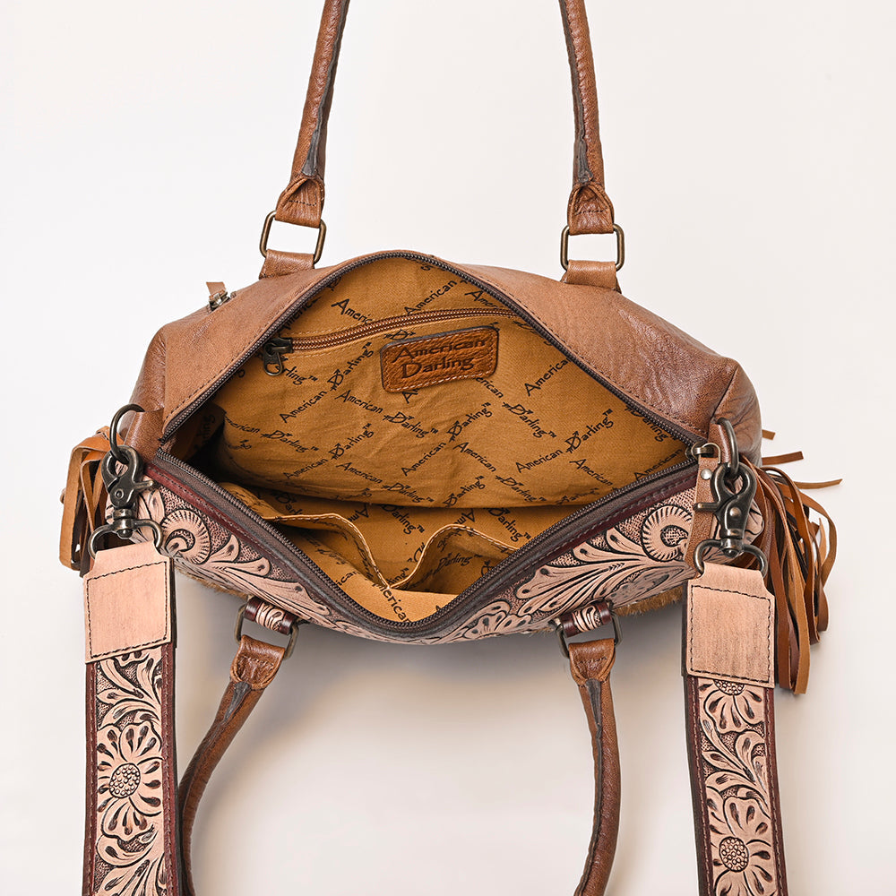 American Darling Hand-Tooled Leather & Hair-On Cowhide Tote Bag with Fringe – Genuine Leather Western Handbag for Everyday & Travel
