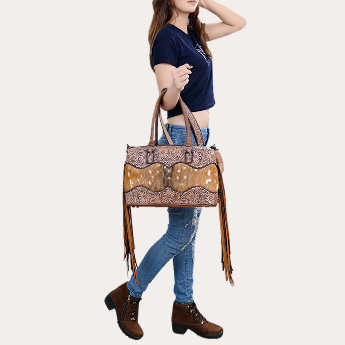American Darling Hand-Tooled Leather & Hair-On Cowhide Tote Bag with Fringe – Genuine Leather Western Handbag for Everyday & Travel