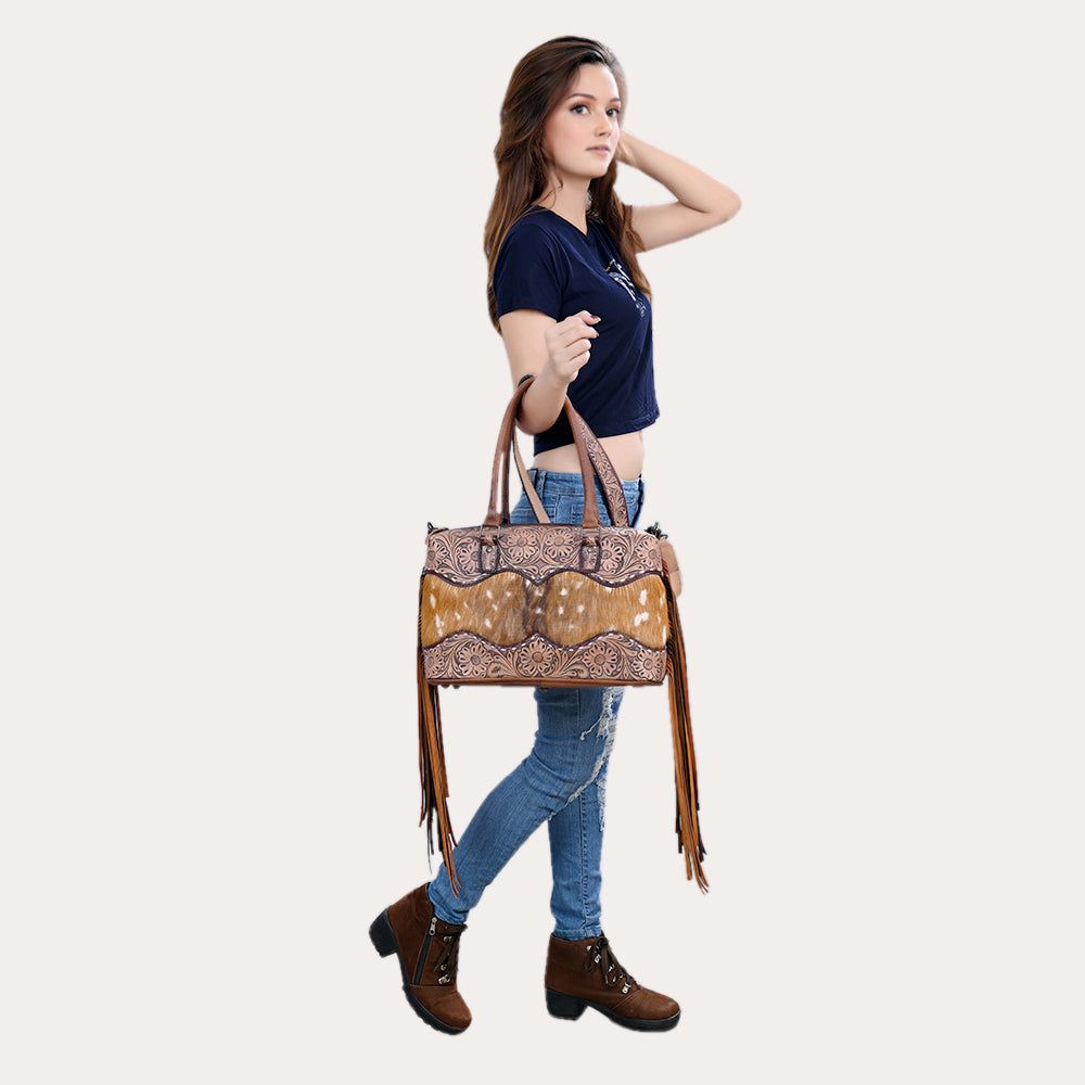 American Darling Hand-Tooled Hair-On Genuine Leather Bag
