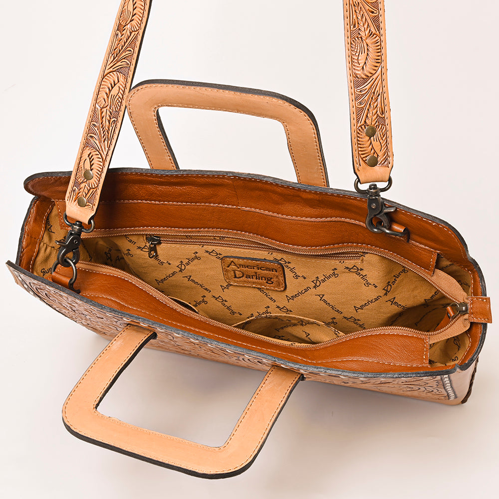 American Darling Hand-Tooled Genuine Leather Briefcase Bag – Floral Carved Western Handbag with Handles & Strap for Everyday Carry