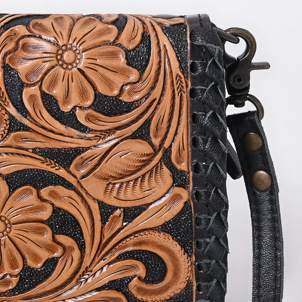 American Darling Small Western Crossbody Bag with Tooled Leather Flap | Woven Body, Wristlet Strap & Multi-Pocket Interior