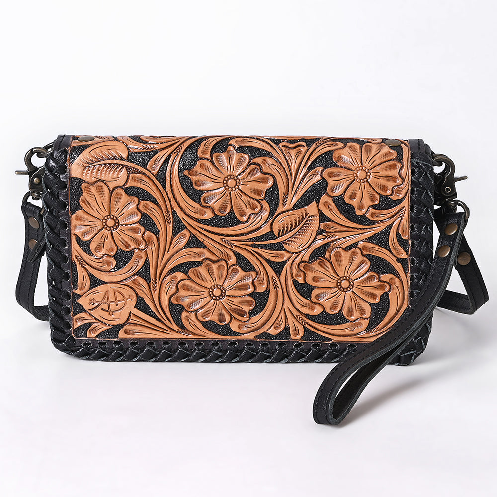 American Darling Small Western Crossbody Bag with Tooled Leather Flap | Woven Body, Wristlet Strap & Multi-Pocket Interior