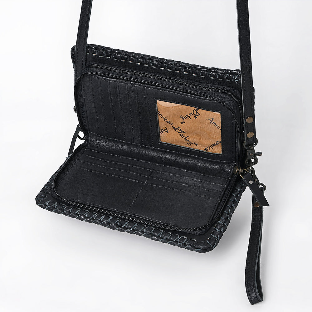 American Darling Small Western Crossbody Bag with Tooled Leather Flap | Woven Body, Wristlet Strap & Multi-Pocket Interior