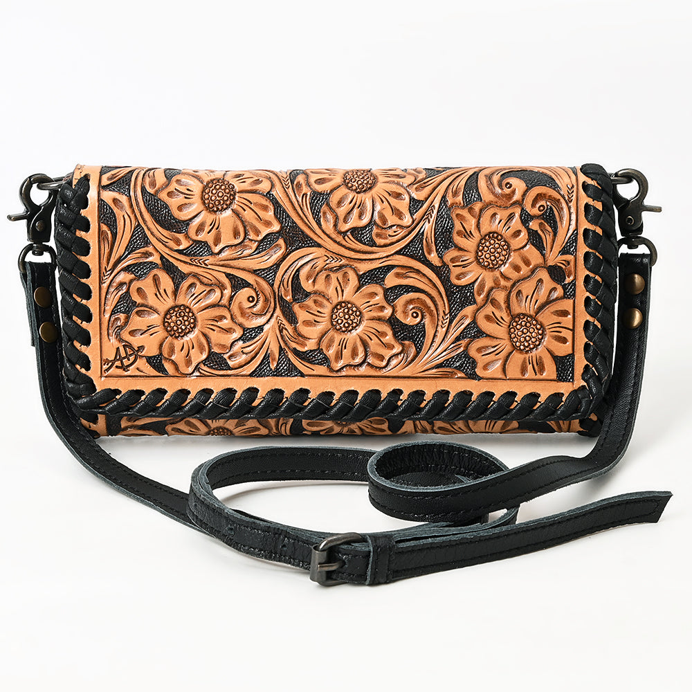 American Darling Western Crossbody Wallet Handcrafted from Tooled Genuine Leather | Floral Carved Flap, Braided Edge & Zip Pocket