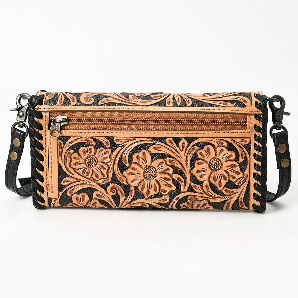 American Darling Western Crossbody Wallet Handcrafted from Tooled Genuine Leather | Floral Carved Flap, Braided Edge & Zip Pocket