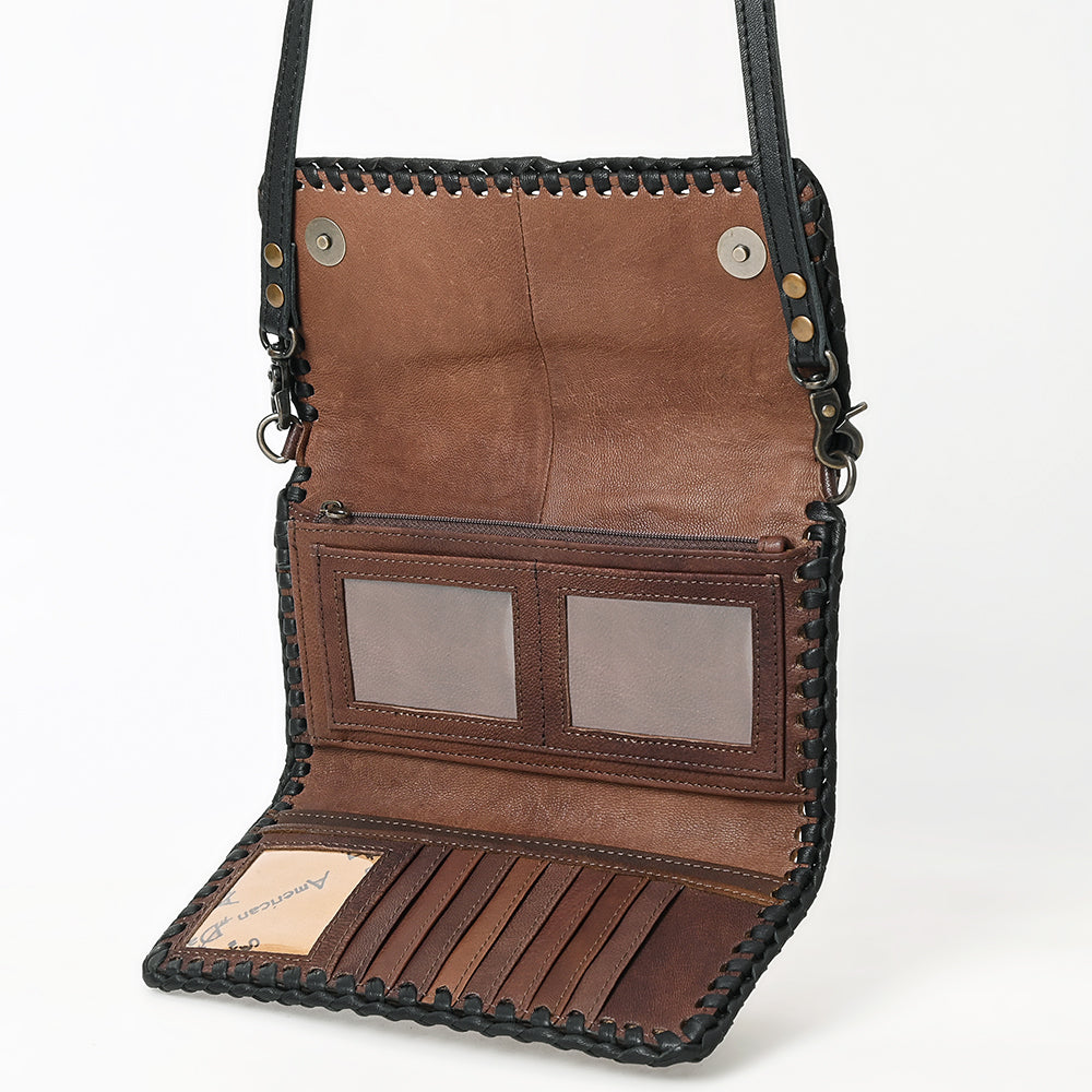 American Darling Western Crossbody Wallet Handcrafted from Tooled Genuine Leather | Floral Carved Flap, Braided Edge & Zip Pocket